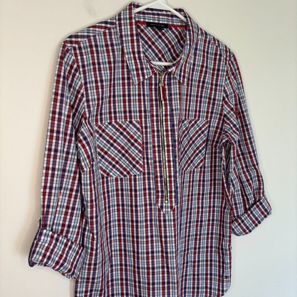 TIMMY HILFIGER Half Zip Blouse Womens L Red White Blue Roll Tab Sleeve - Picture 4 of 8